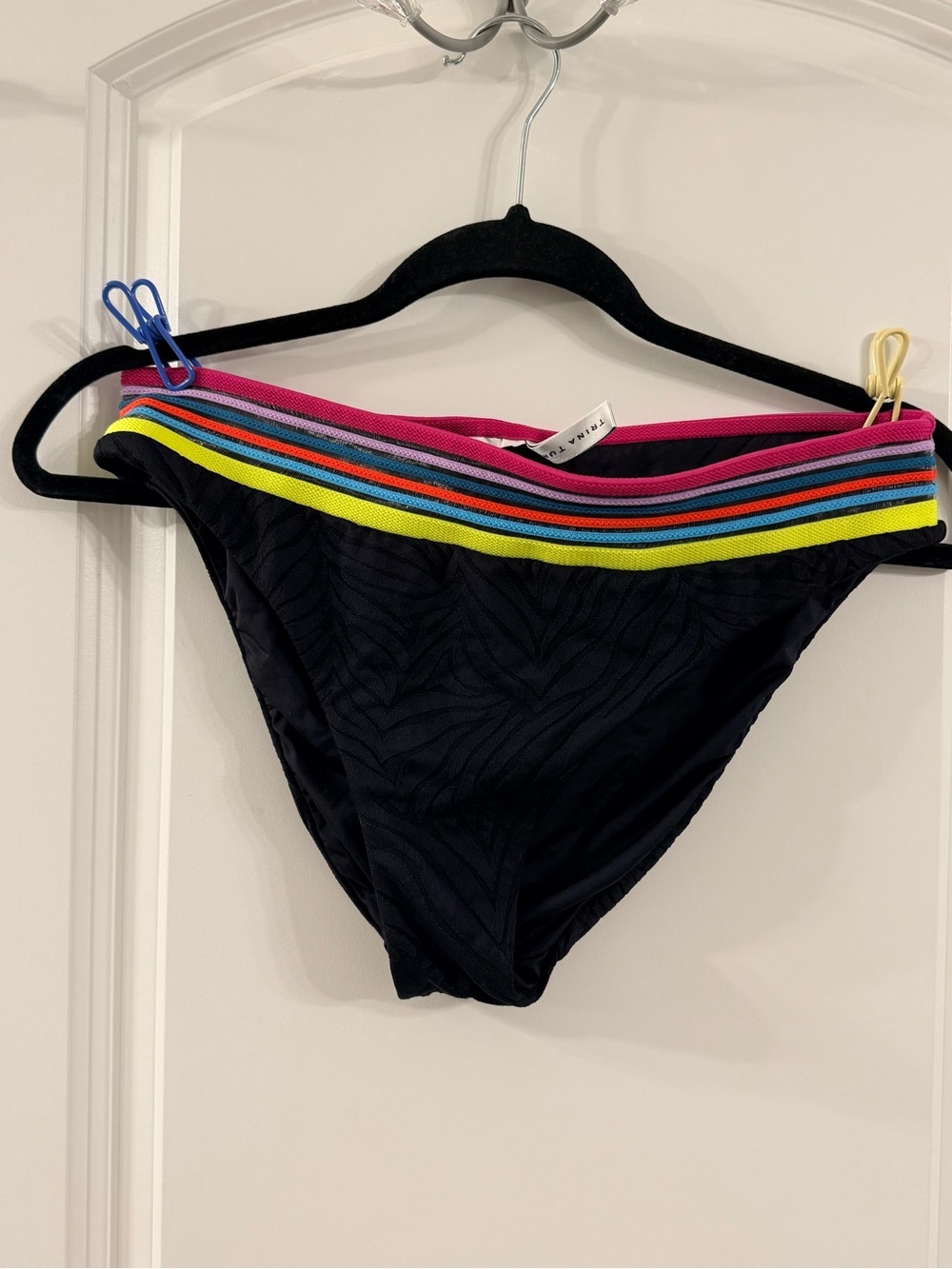 Trina Turk Black Bikini Bottom with Neon Multistripe Waistband (est M)